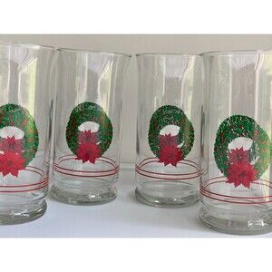 Libbey Christmas Clear Drinking Glasses Wreath Poinsettia Set of 4